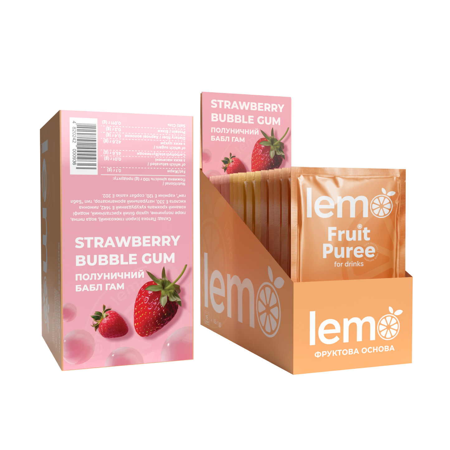 Полуничный Бабл Гам, LEMO, основа-пюре, 45гр*15шт